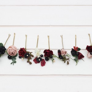  Set of  8 bobby pins in  burgundy black green beige ivory color scheme. Hair accessories. Flower accessories for wedding.  5279