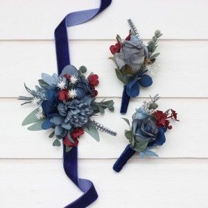  Wedding boutonnieres and wrist corsage  in navy blue dusty blue burgundy sage green color scheme. Flower accessories. 5332