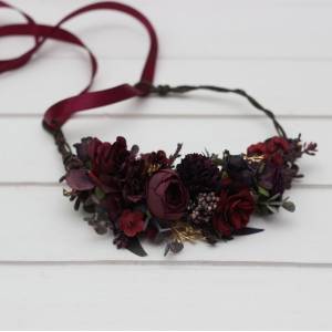 Purple burgundy gold flower crown. Hair wreath. Flower girl crown. Wedding flowers. 5223