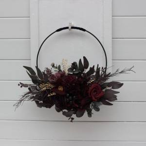 Flower hoop in purple gold burgundy colors. Alternative bridesmaid bouquet. 5223