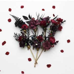  Set of  7 hair pins in  purple burgundy black color scheme. Bridal flower hair pins. Gothic wedding hair accessories. Bridesmaid gift.  5432