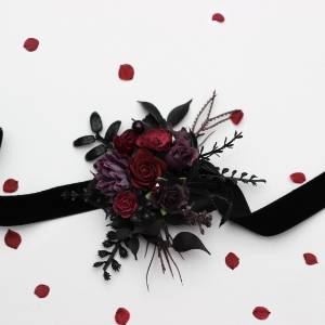 Purple burgundy black wrist corsage. Flower bracelet. Prom corsage.  5432