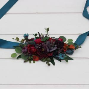Jewel-tone wedding. Purple red teal magenta flower belt. Floral sash. Dress belt. Flower girl belt. 5297