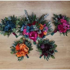 Single color bridesmaid bouquet for jewel-tone wedding. Emerald green orange magenta teal flowers.  Wedding flowers. 5187