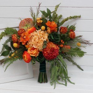 Bouquets in orange green color theme. Bridal bouquet. Faux bouquet. Bridesmaid bouquet. 5337