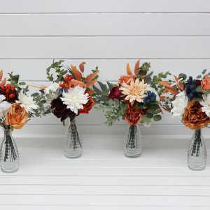 Mini bouquets for vases in rust navy blue ivory color scheme. Flowers for wedding decor. Table flowers. Centerpiece. 0007