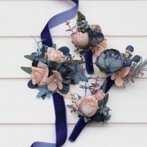  Wedding boutonnieres and wrist corsage  in navy blue dusty rose color scheme. Flower accessories. 5245