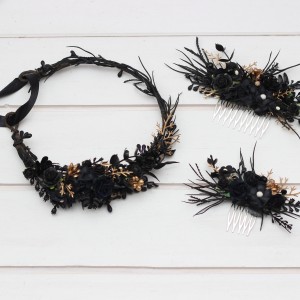 Flower comb in black gold color scheme. Wedding accessories for hair. Bridal flower comb. Bridesmaid floral comb. 5283