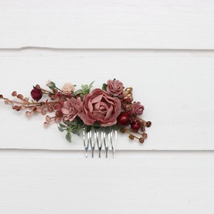 Dusty rose comb with burgundy and gold. Floral headpiece. Bridal hair accessories. Bridesmaid gift. Wedding faux flowers. 5390