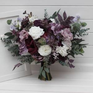Deep purple lilac white flowers. Faux bridal and bridesmaid bouquets. 5430