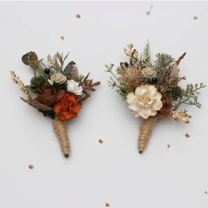 Wedding boutonnieres in vintage rustic style. Earth brown rust cream ivory gold with deep green and black. Groom Groomsmen accessories. 5433