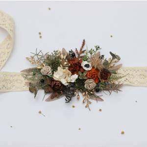 Dress belt in vintage rustic style. Earth, brown, rust, cream, ivory, gold with deep green and black. Bridal sash.  5433