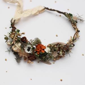 Flower crown in vintage rustic style. Earth brown rust cream ivory gold with deep green and black. Bridal hair crown. Flower girl headband. 5433