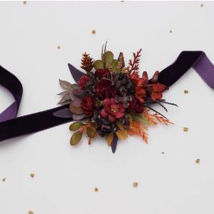 Wrist corsage  in burgundy, purple and rust color scheme. Wedding flower accessories. 5434