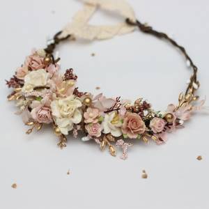 Flower crown in in vintage boho style in blush pink, cream and gold color scheme. Hair wreath. Flower girl crown. Wedding flowers. 5436