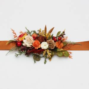 Rust brown red orange ivory belt with berries. Wedding floral sash.  5437
