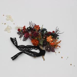 Moody fall floral hair pins – Set of 7 burgundy rust purple black wedding accessories. 5443