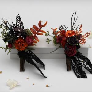  Wedding boutonnieres in burgundy rust purple black colors. 5443