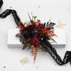 Burgundy rust purple black wrist corsage. Mother bracelet. 5443