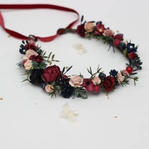 Burgundy navy blue blush pink flower girl crown. Wedding flowers. 5445