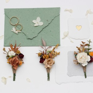  Wedding boutonnieres. Terracotta mustard burgundy ivory color scheme. Flower accessories. 5350