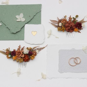 Flower comb in terracotta mustard burgundy ivory color scheme. Wedding accessories for hair. Bridal flower comb. Bridesmaid floral comb. 5350