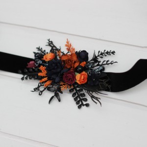 Black rust navy blue and burgundy  flower belt for wedding. Floral sash. Bridal belt. Flower girl belt. Maternity belt. 5351