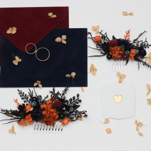 Flower combs in black, rust, navy blue, and burgundy color scheme. Wedding accessories for hair. Bridal flower comb. Bridesmaid floral comb. 5351 Flower combs in black, rust, navy blue, and burgundy color scheme. Wedding accessories for hair. Bridal flower comb. Bridesmaid floral comb. 5351