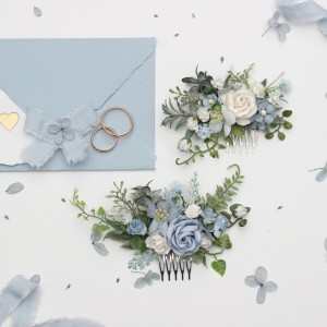 Flower combs in dusty blue and white color scheme. Wedding accessories for hair. Bridal flower comb. Bridesmaid floral comb. 5352 Flower combs in dusty blue and white color scheme. Wedding accessories for hair. Bridal flower comb. Bridesmaid floral comb. 5352