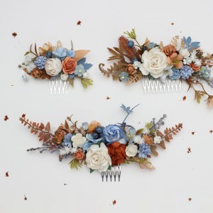 Flower combs in terracotta, dusty blue, and white color scheme. Wedding accessories for hair. Bridal flower comb. Bridesmaid floral comb. 5355 Flower combs in terracotta, dusty blue, and white color scheme. Wedding accessories for hair. Bridal flower comb. Bridesmaid floral comb. 5355