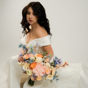 Colorful bridal bouquet. Faux bouquet. Bridesmaid flowers. Peach dusty blue ivory orange bouquet. Wedding arrangement. Wildflowers. 5364