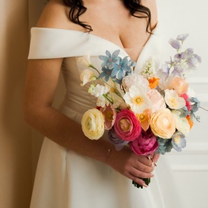 Colorful bridal bouquet. Orange peach dusty blue ivory pink bouquet. Summer wedding. Wildflowers bouquet. Faux flowers.5367