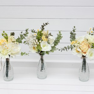 Simple wedding table flowers. Mini bouquets for vases in white yellow green color scheme. Flowers for wedding decor. Table faux flowers. Centerpiece. 5284