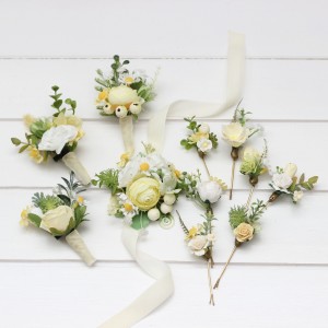  Wedding boutonnieres and wrist corsage  in white yellow green color scheme. Flower accessories. 5284