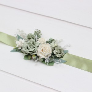 Sage green white ivory belt for wedding. Floral sash for flower girl. 5391- 5075
