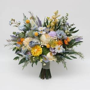 Yellow ivory dusty blue lavender wedding bouquets. 5446
