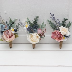  Wedding boutonnieres and wrist corsage  in dusty mauve dusty blue ivory color scheme. Groom and groomsmen flower accessories. Mother corsage. Prom corsage. 5303