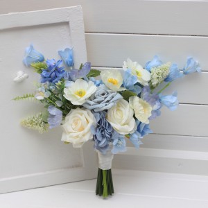 Dusty blue ivory white small bridal bouquet. Bridesmaid flowers. Pale blue ivory wedding flowers.  Wildflowers poppy posy bouquet.Artificial florals. 5387