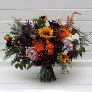 Luxory sunflower calla lily bridal bouquet in orange deep purple pink  colors. Wedding bouquet of faux flowers. 5392