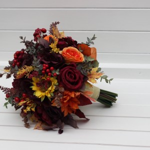 Burgundy orange purple flowers. Sunflowers bridal round bouquet. Faux fall wedding arrangement .Bridesmaid bouquet. 5385