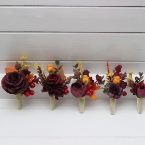 Purple burgundy orange wedding flowers. Sunflowers boutonnieres and corsages. Fiance buttonhole. Mother wrist corsage. 5385