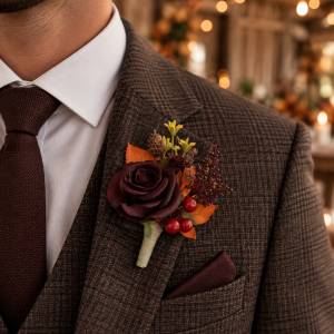 Purple burgundy orange wedding flowers. Sunflowers boutonnieres and corsages. Fiance buttonhole. Mother wrist corsage. 5385