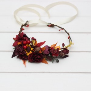 Purple burgundy orange flower crown. Sunflower headband. Fall wedding. Flower girl crown. Wedding floral crown. 5385