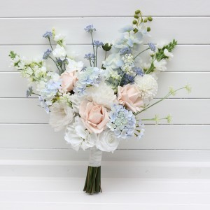 Dusty blue white blush pink bridal bouquet.  Faux flowers. Wedding bouquet. 5393