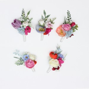 Colorful boutonnieres and wrist corsage. Orange peach dusty blue ivory pink wedding accessories. Summer wedding . Wildflowers buttonholes. 5367