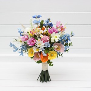 Wildflowers bouquet. Spring summer wedding  flowers. Blue white magenta yellow pink bouquet. Colorful daisy cosmos bouquet. 5396