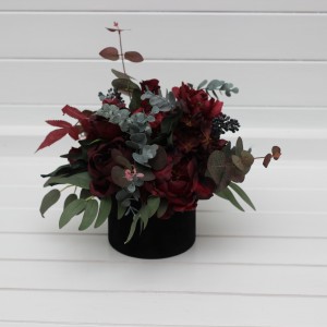 Burgundy flower centerpiece in mody theme. Table decor. Wedding flowers in box. 5230 Burgundy flower centerpiece in mody theme. Table decor. Wedding flowers in box. 5230