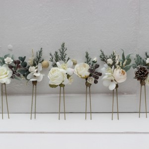  Set of 6 hair pins in white ivory color scheme. Flower hair pins for winter wedding. Hair accessories. Flower accessories with pine and cones. Bridesmaid gift.  5265