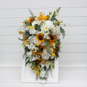Cascade sunflower bridal bouquet. Faux flowers.Fall rustic wedding . Bridesmaid bouquet. 5237