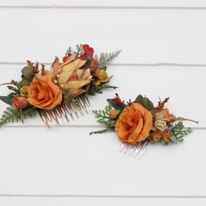 Flower combs in orange rust color scheme. Wedding accessories for hair. Bridal hair clip. Bridesmaid floral comb. 5213